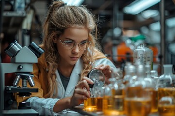 Focused young woman scientist inspecting samples in a lab filled with scientific equipment - obrazy, fototapety, plakaty