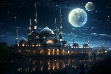 Fototapeta premium Radiant Mosque evening sky moon. Light ramadan. Generate Ai