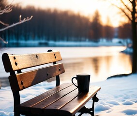 Antique retro bench in a winter park and a glass of hot coffee on it by the lake. Generative AI - obrazy, fototapety, plakaty