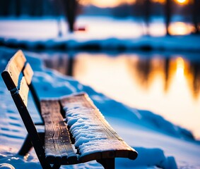 Antique retro bench in a winter park by the lake. Generative AI - obrazy, fototapety, plakaty