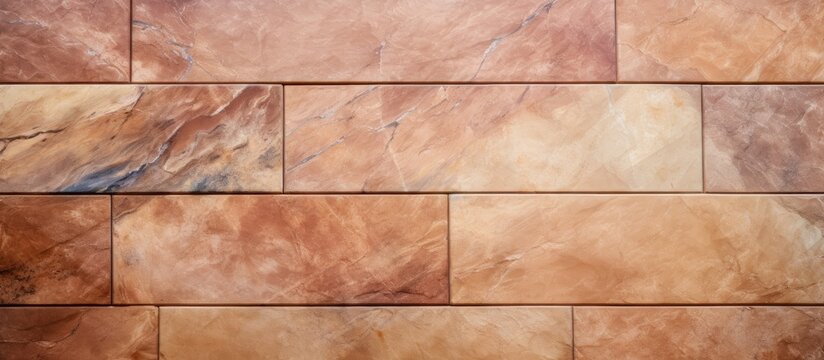 A closeup photo of a brown rectangular brick wall with a blurred background, showcasing its amber tints and shades. The building material creates a beautiful pattern similar to tile flooring