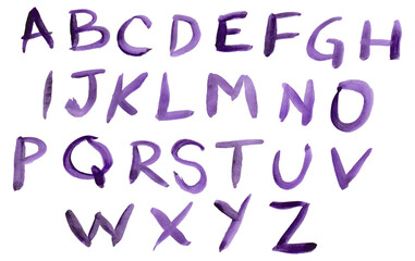 Complete alphabet, hand-drawn with a brush. Rustic freehand typography, isolated on a white background. Brush texture, drawn with purple paint, Letters in vector. Complete font  types.