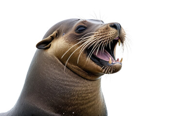Obraz premium High quality stock photo, sea lion, exuding happiness, broad smile, isolated against a stark white background, capturing the gleam in its eyes, ultra clear, high definition, natural light