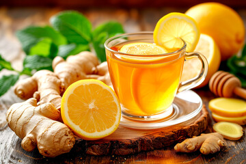 Glass cup of hot ginger tea with lemon, honey and mint on dark rustic table. natural homemade remedy for cold and flu.