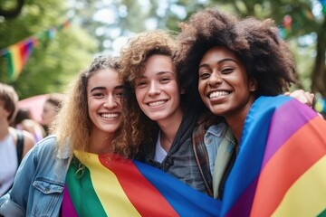 friends celebrating gay pride day. LGBTQ concept