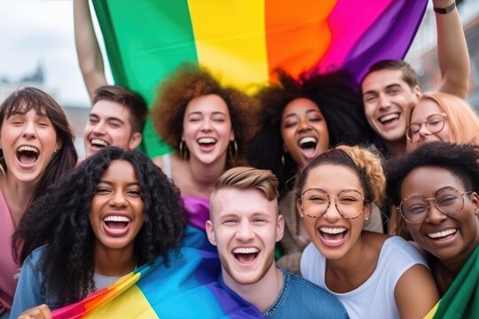 Diverse Group Of Happy Young People Celebrating Gay Pride Day. LGBTQ