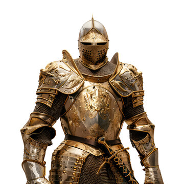 Golden Armor Adorned Medieval Knight: A Close-up Half Body Portrait Photo, Isolated on Transparent Background, PNG