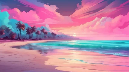 Tuinposter Pastel Paradise: Neon Glow Beach Sunset © DavoeAnimation