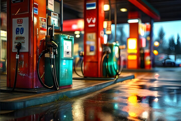 Gasoline pump dispensers at a petrol station ready for vehicle car refueling services Power Energy Industry Machinery Concept