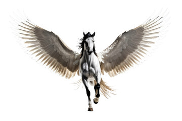 Pegasus, full-body view, radiating joy, striking a majestic pose, large wings spread wide, every feather detailed, against a stark white background, high-key lighting, cast a subtle shadow