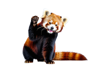 Red panda, full body, beaming with joy, photographed alone, set against a stark white background, high resolution stock photography, showcasing crisp details, natural light, vivid colors, ultra clear