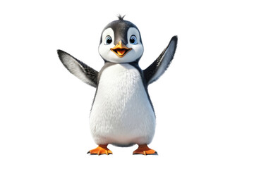 Fototapeta premium Single happy penguin waving, full body, isolated, white background, stock photography, high quality, smiling expression, positioned center frame, sharp focus, soft shadow beneath, ultra clear