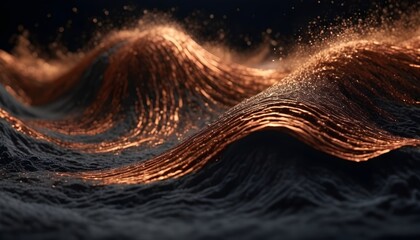 Copper dust waves and foams on dark abstract background, luxury, wall art