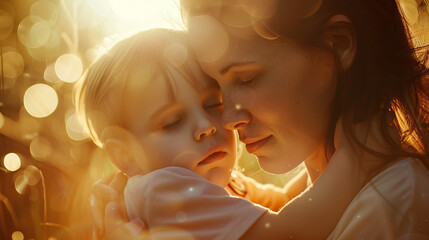 hug between mothers and daughter with bokeh background, motherhood concept. - obrazy, fototapety, plakaty