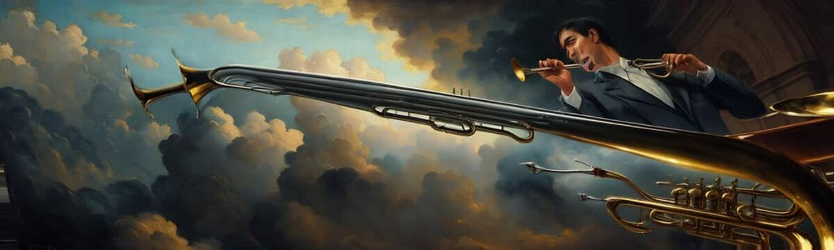 a man playing the trompet in the sky with clouds a painting of a man playing a trumpet, in the style of masterpiece, cinematic