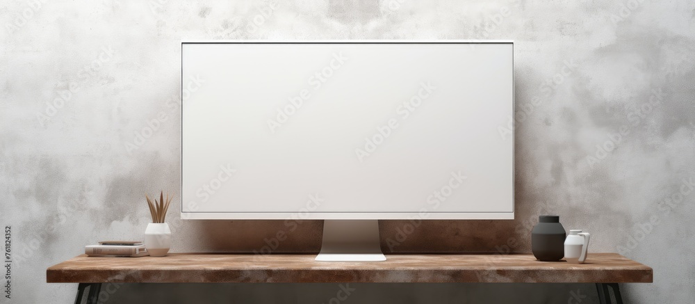 Poster a rectangular display device is placed on a wooden desk in a room. the computer monitor is resting o