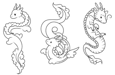 Cute Chinese dragons drawn with lines. Symbol of the year 2024. Mythical Chinese animal. Children of the dragon, coloring. 
