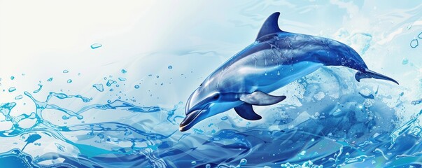 A playful dolphin leaps energetically among the waves in a vibrant, brushstroke style painting, evoking a sense of freedom and joy