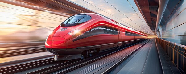 A hyper-realistic digital illustration of a futuristic high-speed train with motion blur effect, conveying speed and technology