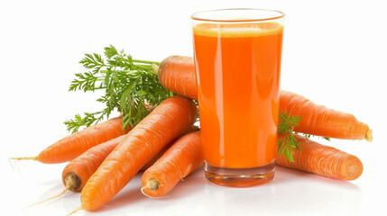 Glass of fresh carrot juice with carrots and parsley on white background
