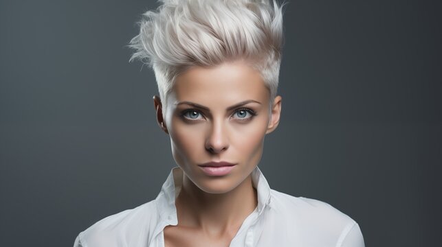 Photo of a lovely mature Caucasian woman, gazing at the camera against a gray backdrop, sporting a Mohawk hairstyle