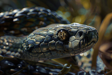 Obraz premium Close-up of the head of a snake in the forest. 