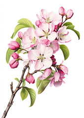 Vintage botanical illustration featuring a branch of cherry blossoms in bloom, exuding elegance and springtime beauty