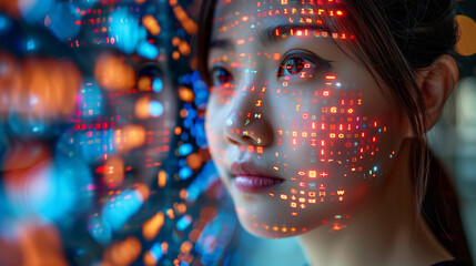 Asian woman with colorful digital reflections on face, grid patterns of bright light.	