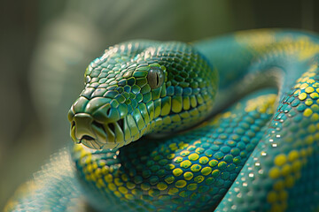 Naklejka premium Close-up of a green pit viper (Reticulated python) 
