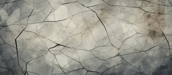 A close up of a cracked grey concrete surface resembling a pattern of twigs and rocks, with composite material peeking through, creating a unique flooring texture