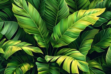 Background modern of luxury nature leaves. Floral patterns, tropical leaves with line arts, jungle plants, exotic pattern with palm leaves. Modern image. - obrazy, fototapety, plakaty