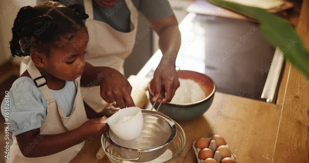 Sticker Mommy, daughter and flour for baking a cake, education and learning for child development. Black family, home and love for pastry or cookie and dessert, cooking and happy while bonding on weekend