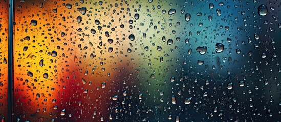 Liquid water droplets create a captivating pattern on a window, set against a colorful background...