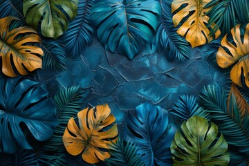 A tropical leaves abstract art background modern. Wallpaper design with a watercolor art texture of palm leaves, Jungle leaves, monstera leaves, exotic botanical floral patterns.
