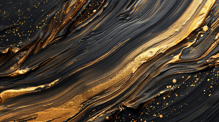Black and gold abstract background. Liquid marble pattern. Golden glitter texture.
