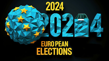 Poster Elections to the European Parliament year 2024 European elections June 9, 2024. Yellow stars and blue background of the European flag announcing the votes. - obrazy, fototapety, plakaty