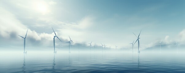 wind turbines standing tall amidst a mist-covered waterscape with gently rolling hills in the background - obrazy, fototapety, plakaty