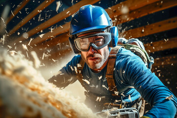 Fototapeta premium A man wearing a blue shirt and goggles is cutting wood with a saw