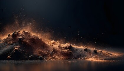 Copper dust scrubs and waves on black polished background with reflections, abstract wallpaper - obrazy, fototapety, plakaty