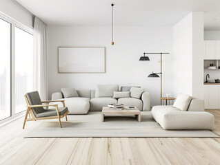 Sleek and modern living room with neutral colors, clean lines, and minimalist design.