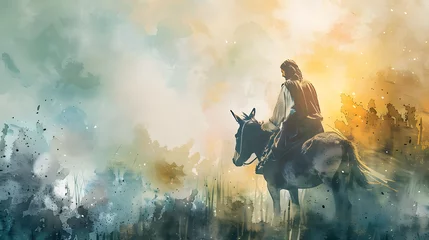 Tuinposter Radiant Palm Sunday: A Tranquil Illustration of Jesus Riding a Donkey in Vibrant Watercolor Style © nagulan