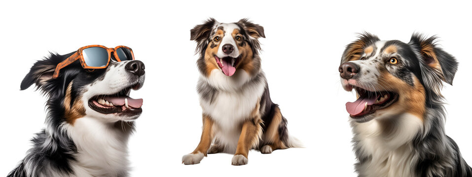 Set of Australian Shepherd dog activities: happy, running, sitting, close up, playing, with sunglasses, Isolated on Transparent Background, PNG