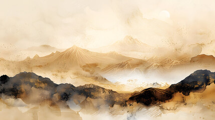 Elegant Chinese Ink Landscape: A Stunning Abstract Artwork with Golden Texture and Intricate Brushstrokes