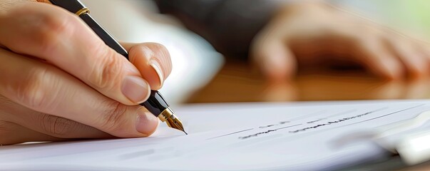 man's hand holding a black pen while signing a document, depicting finalizing a deal or agreement