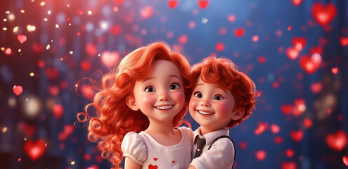 cute girl with curly red hair and a cheerful boy with red hair on a background of hearts. romance and love concept. Valentine's Day
