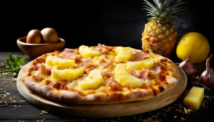 Hawaiian pizza with pineapple, ham and cheese on wooden table