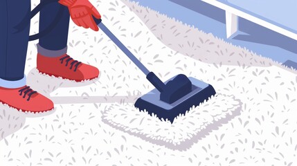 Digital illustration of a person vacuuming a white carpet with a vacuum cleaner. Vacuuming the rug. Concept of home cleaning, minimalistic style, interior upkeep, modern appliance and daily chores.