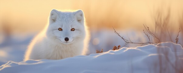 white Arctic fox staring calmly amidst a snowy backdrop, with its thick winter fur coat in the soft light