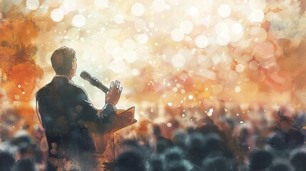 Watercolor illustration of Presidential candidate delivering speech to voters. Orator on stage with microphone. Caucasian man. Concept of political campaign, leadership, election rally. Copy space - obrazy, fototapety, plakaty