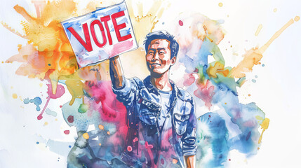 Asian Man holding a VOTE sign, watercolor illustration. Asian male voter. Civic engagement and diversity in democracy concept for election related visuals and voter outreach campaigns. Artwork